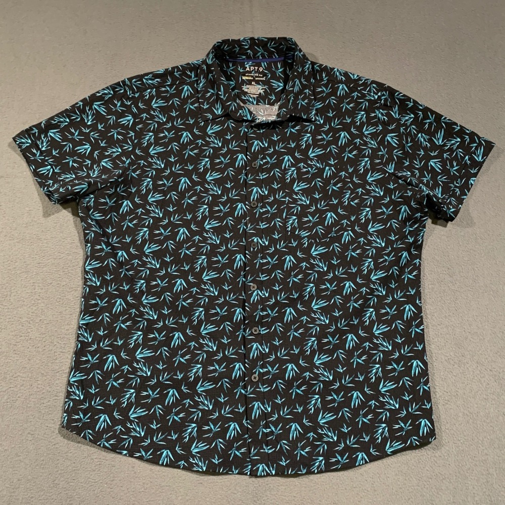 Apt 9 Button Down Shirt Mens XL Black Teal Tropical Leaf Performance Untucked